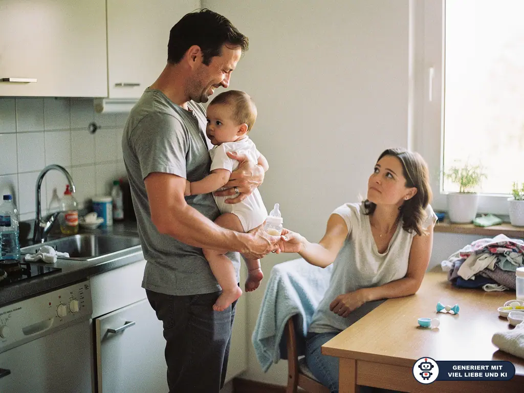 Vater hält ein Baby in der Küche, während die Mutter ihm am Tisch ein Fläschchen reicht. (mit KI erstellt)