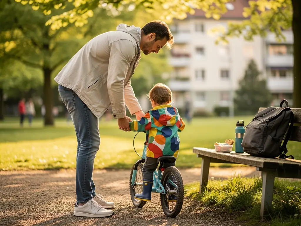 Vater hält ein Kind auf dem Laufrad im Park; auf einer Bank liegen Rucksack, Trinkflasche und Snackbox.