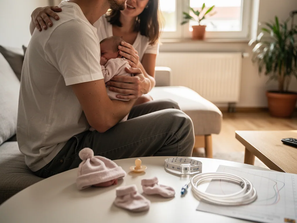 Vater hält ein kleines Baby im Arm, Mutter sitzt nah daneben; auf dem Tisch liegen Frühchenmütze, Söckchen und Sondenschlauch.