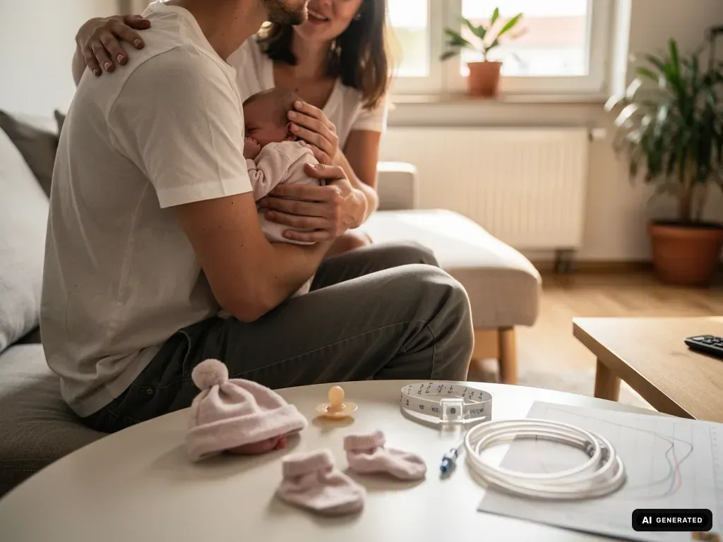Vater hält ein kleines Baby im Arm, Mutter sitzt nah daneben; auf dem Tisch liegen Frühchenmütze, Söckchen und Sondenschlauch. (mit KI erstellt)