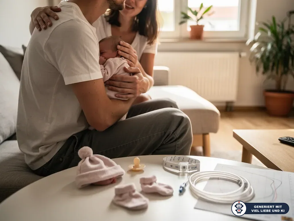 Vater hält ein kleines Baby im Arm, Mutter sitzt nah daneben; auf dem Tisch liegen Frühchenmütze, Söckchen und Sondenschlauch. (mit KI erstellt)