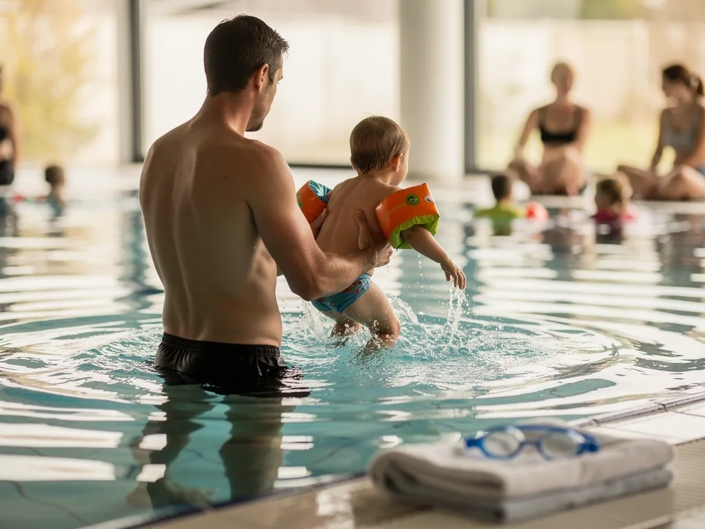 Vater hält ein Kleinkind mit Schwimmflügeln im Hallenbad, andere Familien üben im Hintergrund.