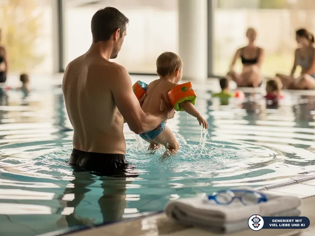 Vater hält ein Kleinkind mit Schwimmflügeln im Hallenbad, andere Familien üben im Hintergrund. (mit KI erstellt)