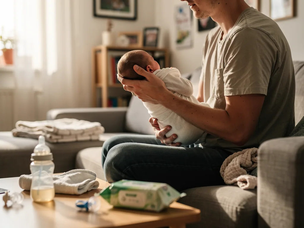 Vater hält ein Neugeborenes auf dem Sofa; auf dem Tisch liegen Babyflasche, Schnuller, Tücher und Feuchttücher.