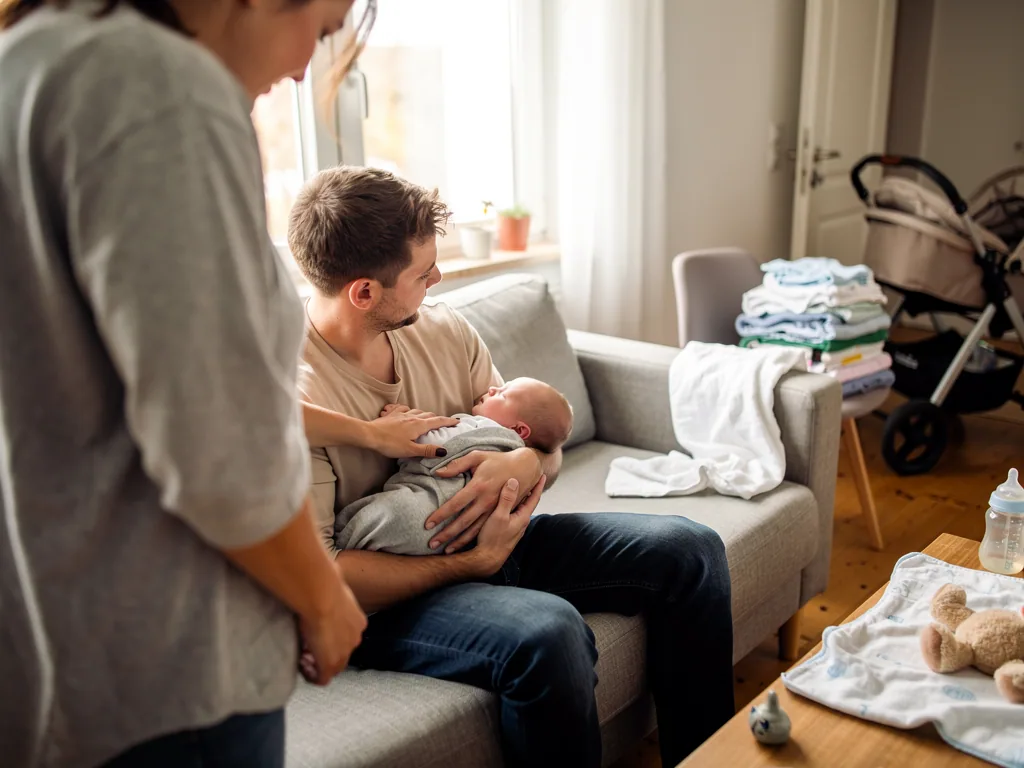 Vater hält ein Neugeborenes auf dem Sofa, Mutter steht daneben; im Wohnzimmer liegen Babysachen und Kinderwagen.