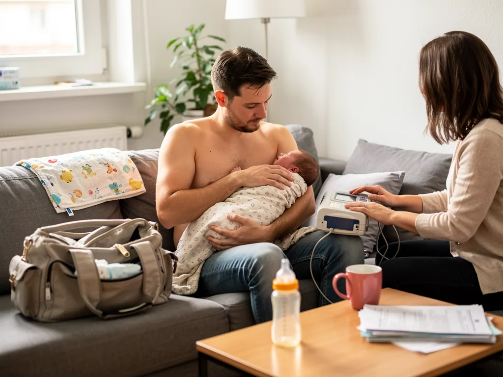 Vater hält ein Neugeborenes auf der Brust, während eine Hebamme daneben ein medizinisches Gerät bedient.