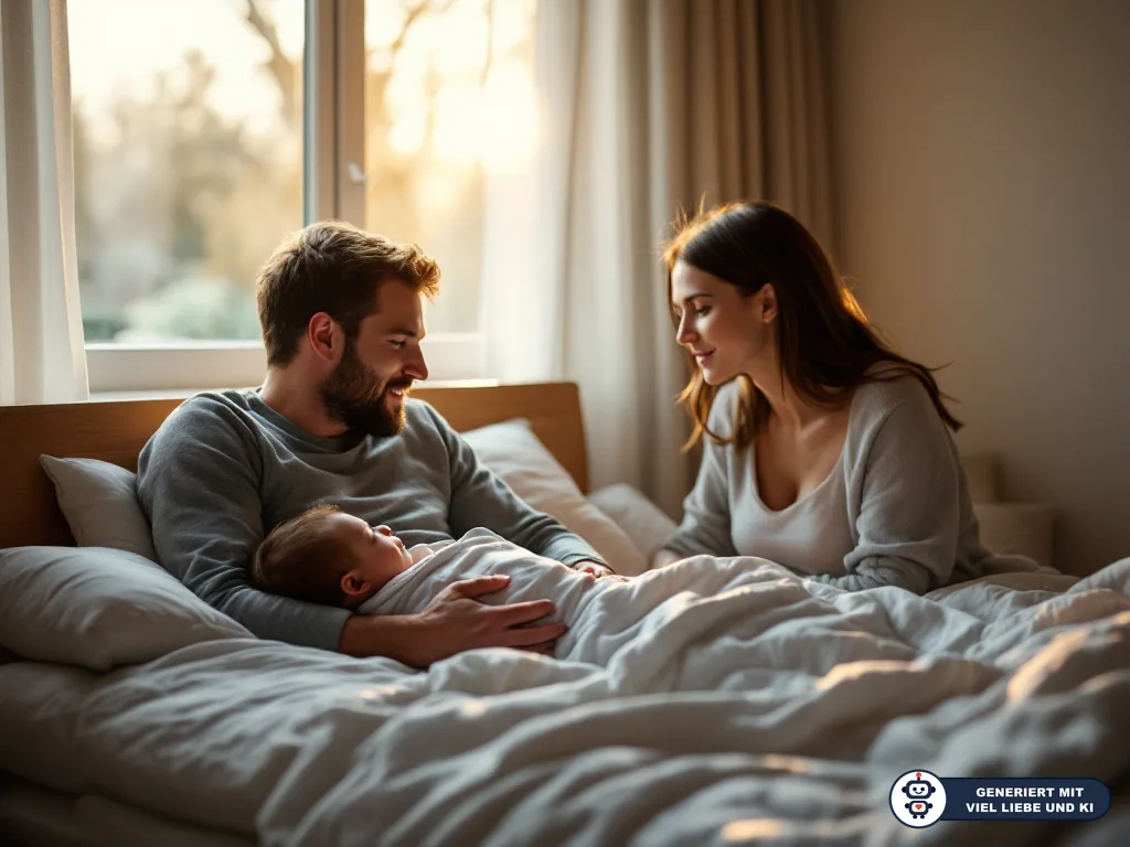 Vater hält ein Neugeborenes im Bett, die Mutter sitzt daneben im warmen Morgenlicht. (mit KI erstellt)