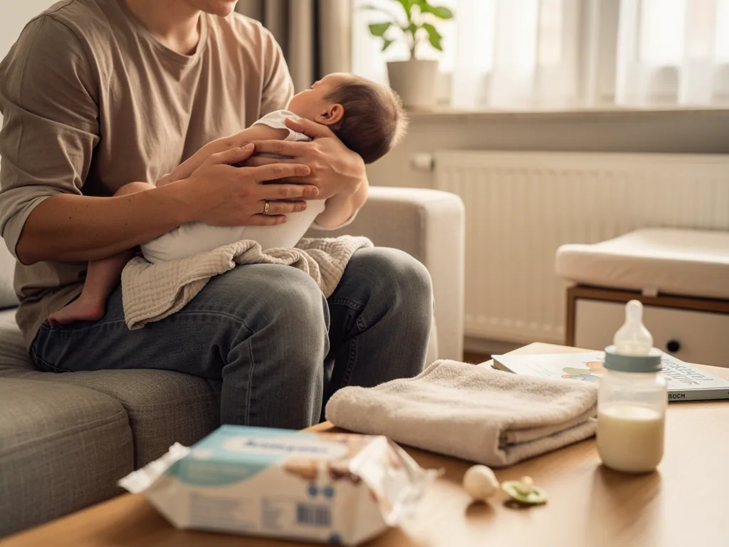 Vater hält ein Neugeborenes im Wohnzimmer; auf dem Tisch liegen Fläschchen, Feuchttücher, Decke und Schnuller.