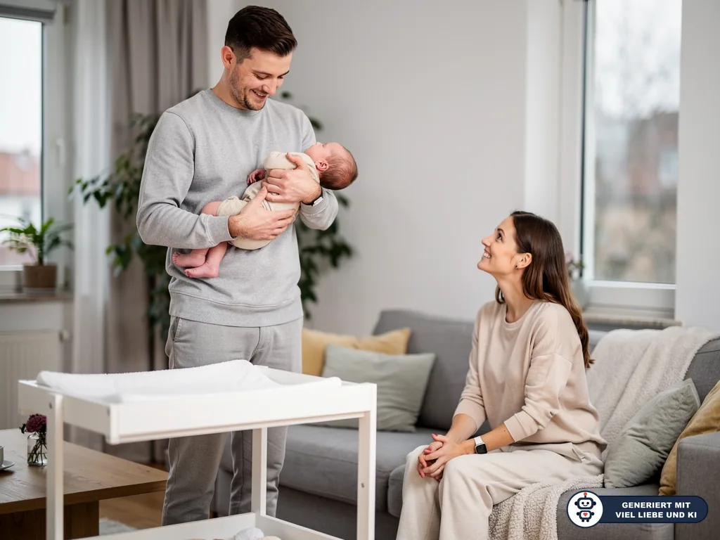 Vater hält ein Neugeborenes im Wohnzimmer, die Mutter sitzt lächelnd daneben auf dem Sofa. (mit KI erstellt)