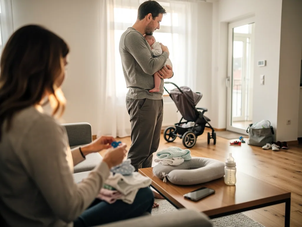 Vater hält ein Neugeborenes im Wohnzimmer, während die Mutter Babykleidung sortiert.