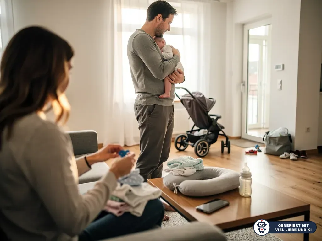 Vater hält ein Neugeborenes im Wohnzimmer, während die Mutter Babykleidung sortiert. (mit KI erstellt)