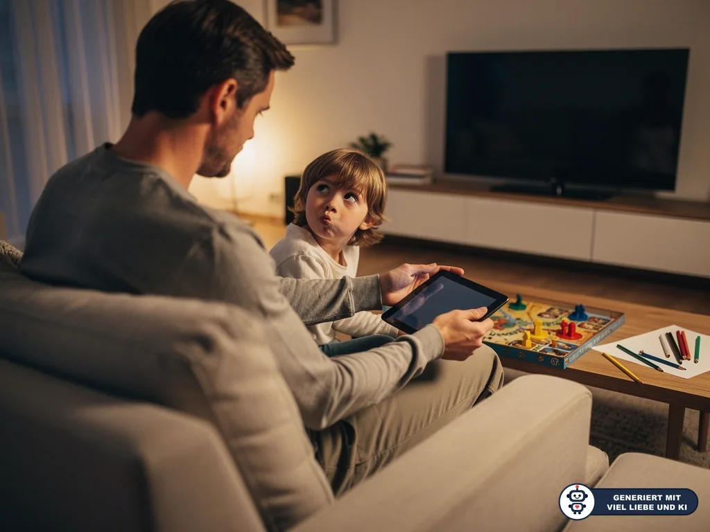 Vater hält ein Tablet auf dem Sofa, Kind schaut ihn fragend an; daneben liegen Brettspiel und Stifte. (mit KI erstellt)