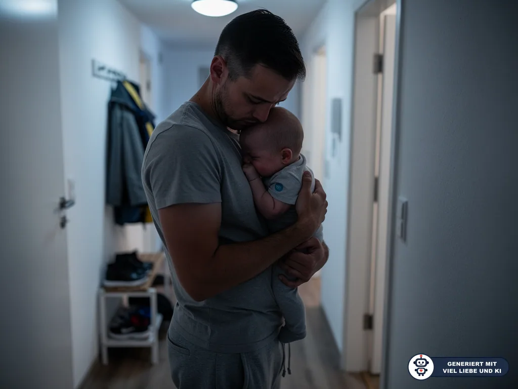 Vater hält ein weinendes Baby abends eng an der Brust in einem schwach beleuchteten Flur. (mit KI erstellt)