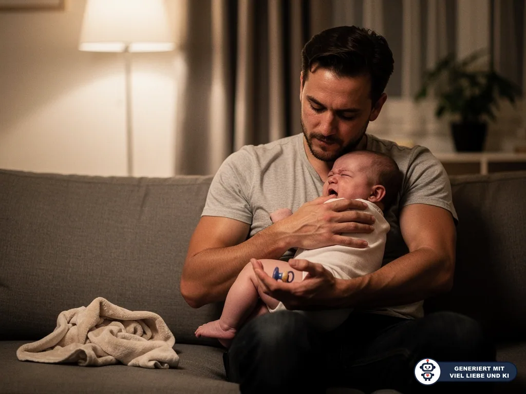 Vater hält ein weinendes Baby auf dem Sofa und einen Schnuller in der Hand, warmes Licht im Wohnzimmer. (mit KI erstellt)