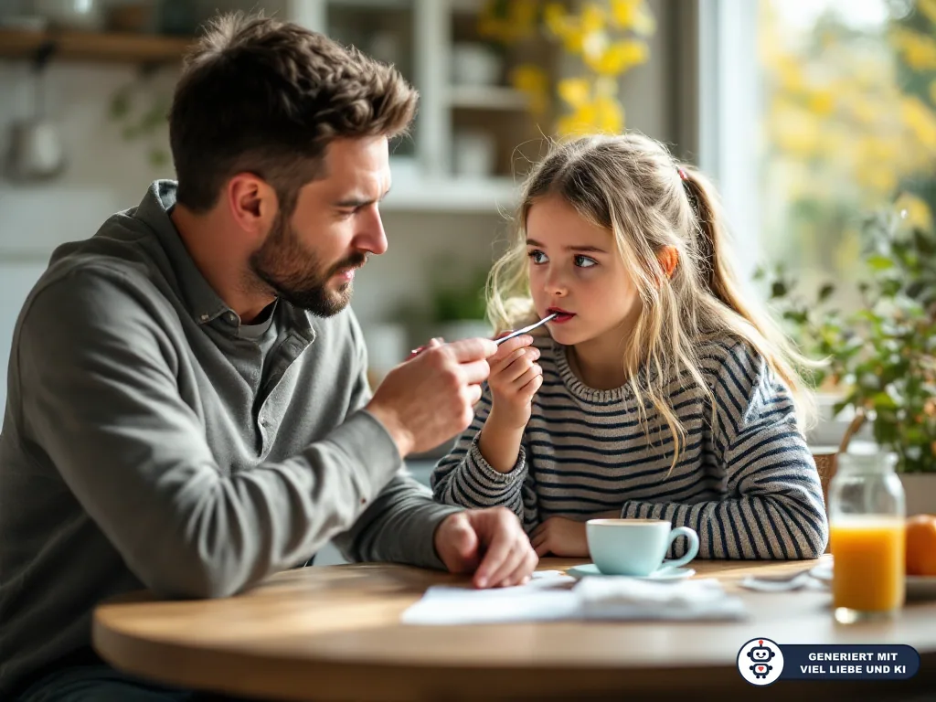 Vater hält einem Mädchen am Küchentisch einen Zahnstocher an den Mund, beide schauen ernst. (mit KI erstellt)
