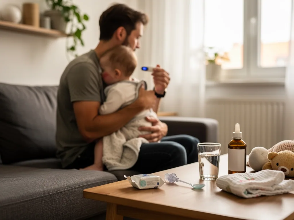 Vater hält erkältetes Baby auf dem Sofa und misst Fieber; auf dem Tisch stehen Wasser, Tropfen und Nasensauger.