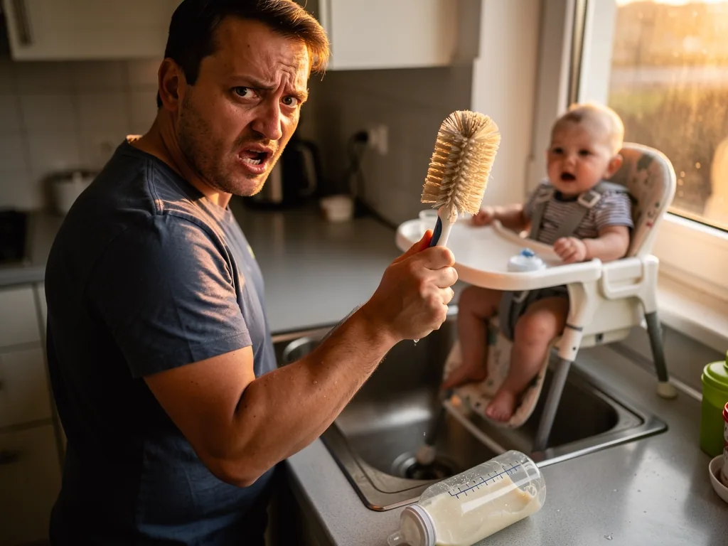 Vater hält Flaschenbürste in der Küche, neben einer ungewaschenen Babyflasche; Baby sitzt im Hochstuhl.