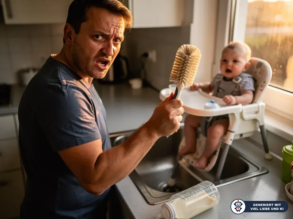 Vater hält Flaschenbürste in der Küche, neben einer ungewaschenen Babyflasche; Baby sitzt im Hochstuhl. (mit KI erstellt)