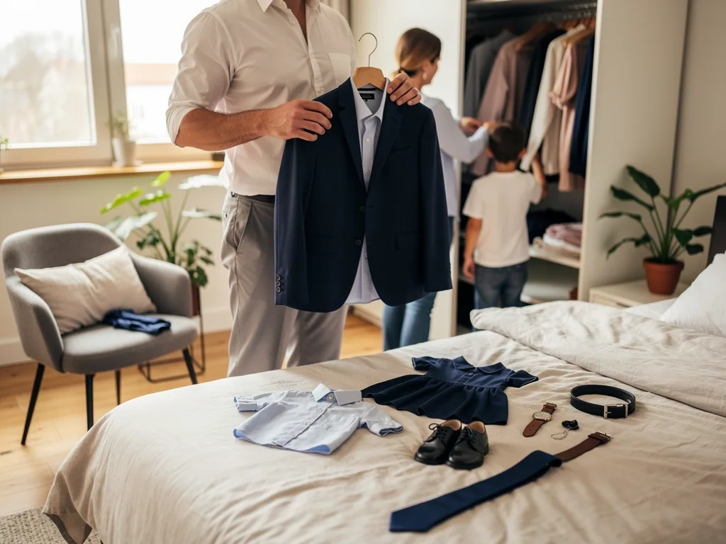 Vater hält Kinderanzug, auf dem Bett liegen Hemden, Schuhe, Krawatte, Gürtel und Uhren für den Anlass.