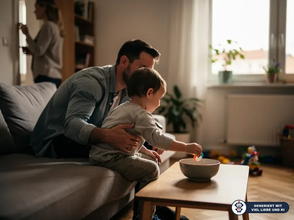Vater hält Kleinkind auf dem Sofa, während es einen Schnuller in eine Schale auf dem Couchtisch legt. (mit KI erstellt)