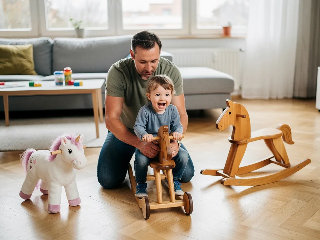 Vater hält Kleinkind auf einem Holzpferd mit Rollen; daneben stehen Plüsch-Einhorn und Schaukelpferd.