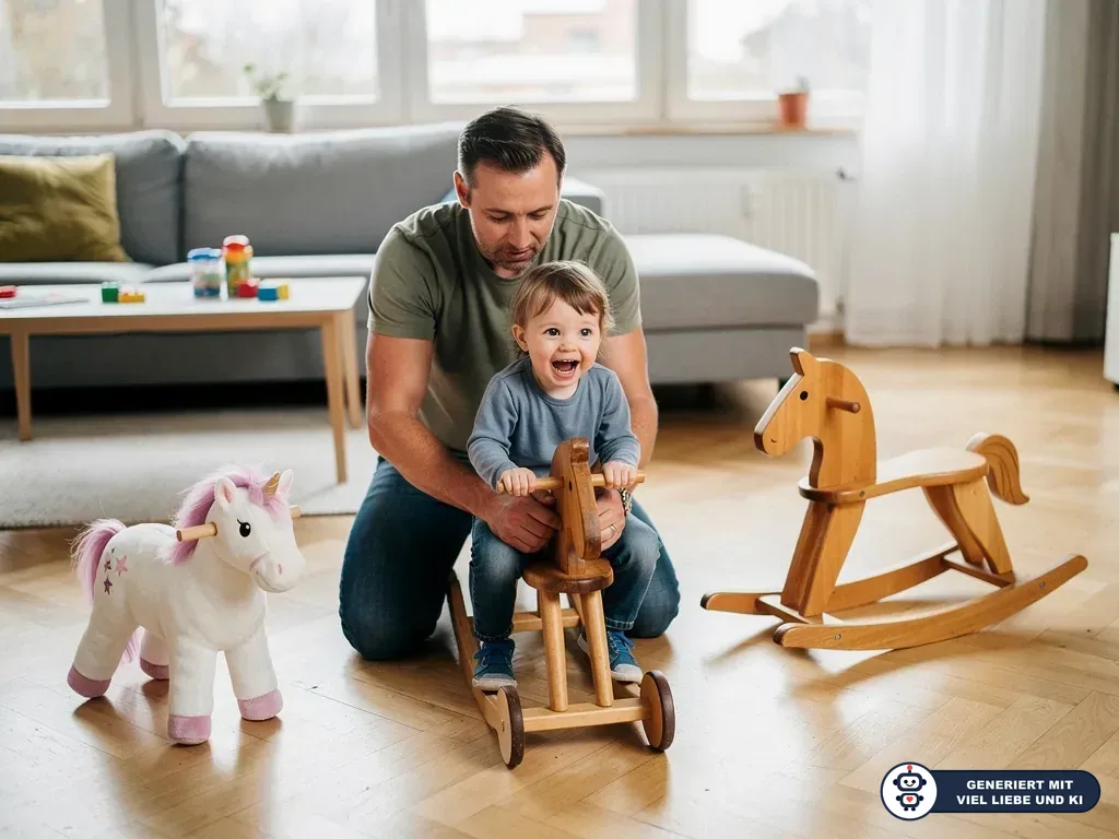 Vater hält Kleinkind auf einem Holzpferd mit Rollen; daneben stehen Plüsch-Einhorn und Schaukelpferd. (mit KI erstellt)