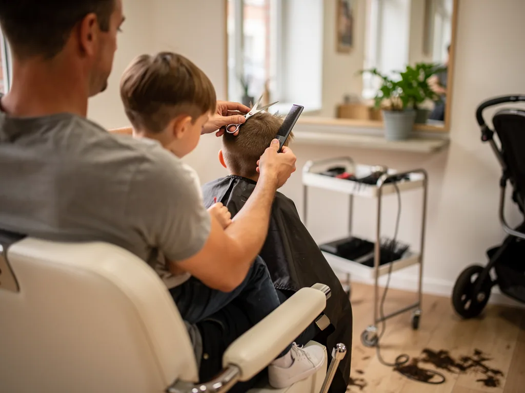 Vater hält Kleinkind im Friseurstuhl, während ein Friseur mit Schere und Kamm einem Jungen die Haare schneidet.