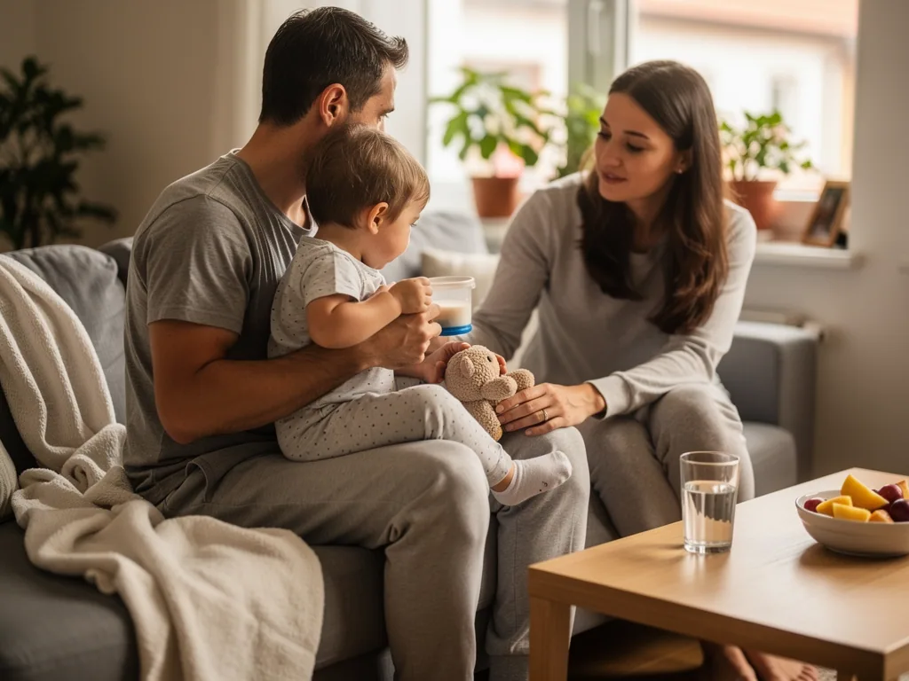 Vater hält Kleinkind mit Becher auf dem Sofa, Mutter sitzt daneben und bietet ein Kuscheltier an.