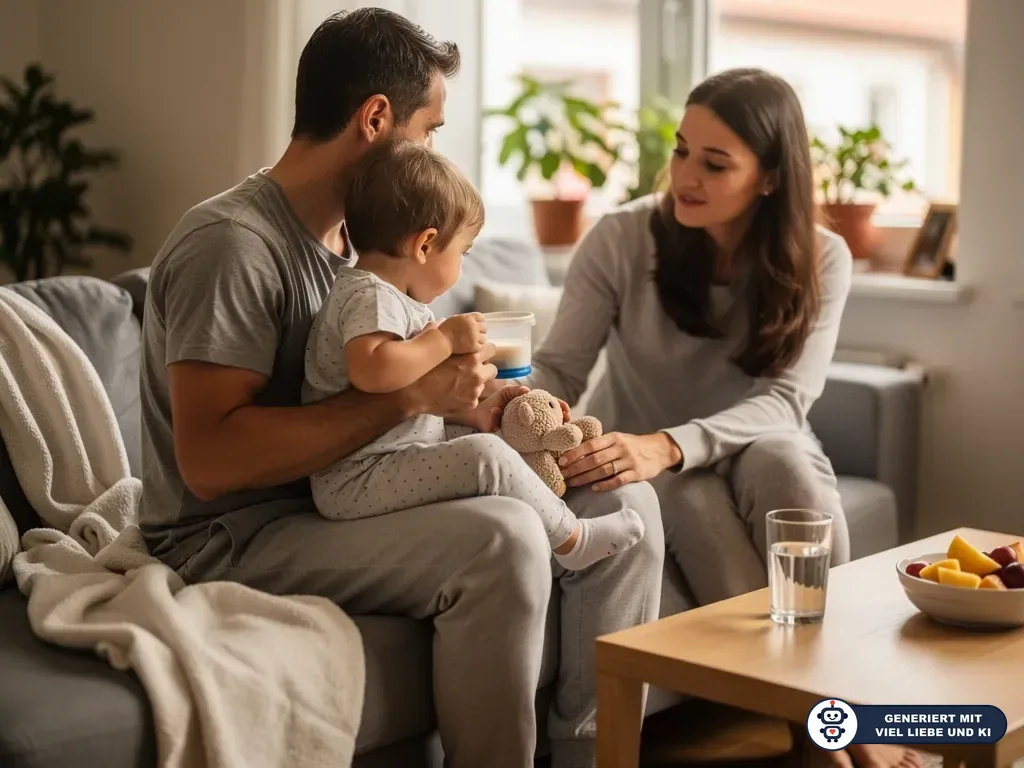 Vater hält Kleinkind mit Becher auf dem Sofa, Mutter sitzt daneben und bietet ein Kuscheltier an. (mit KI erstellt)