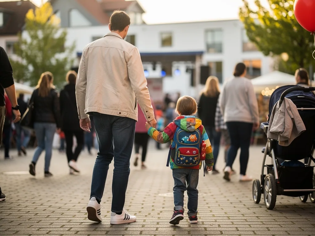 Vater hält Kleinkind mit Rucksack auf einer belebten Veranstaltung an der Hand, neben ihnen steht ein Kinderwagen.