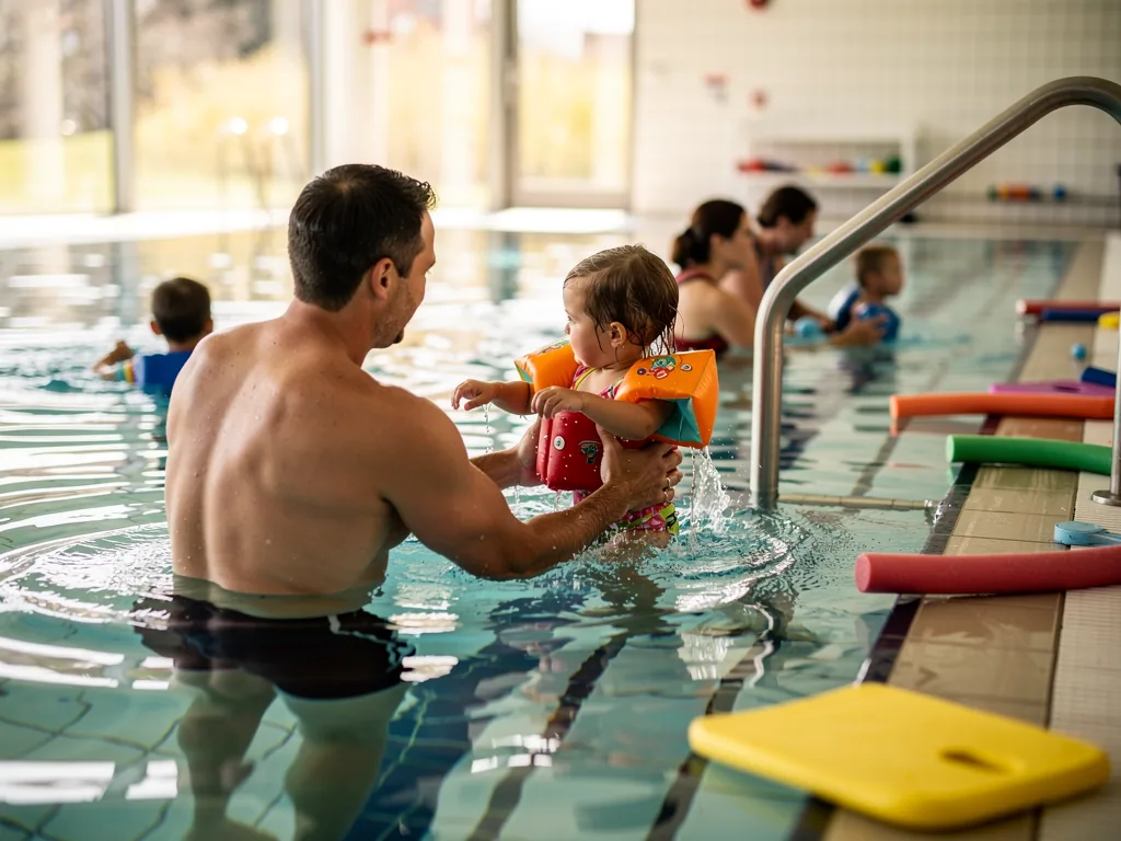 Vater hält Kleinkind mit Schwimmflügeln im Hallenbad, am Beckenrand liegen Poolnudeln und Schwimmbretter.