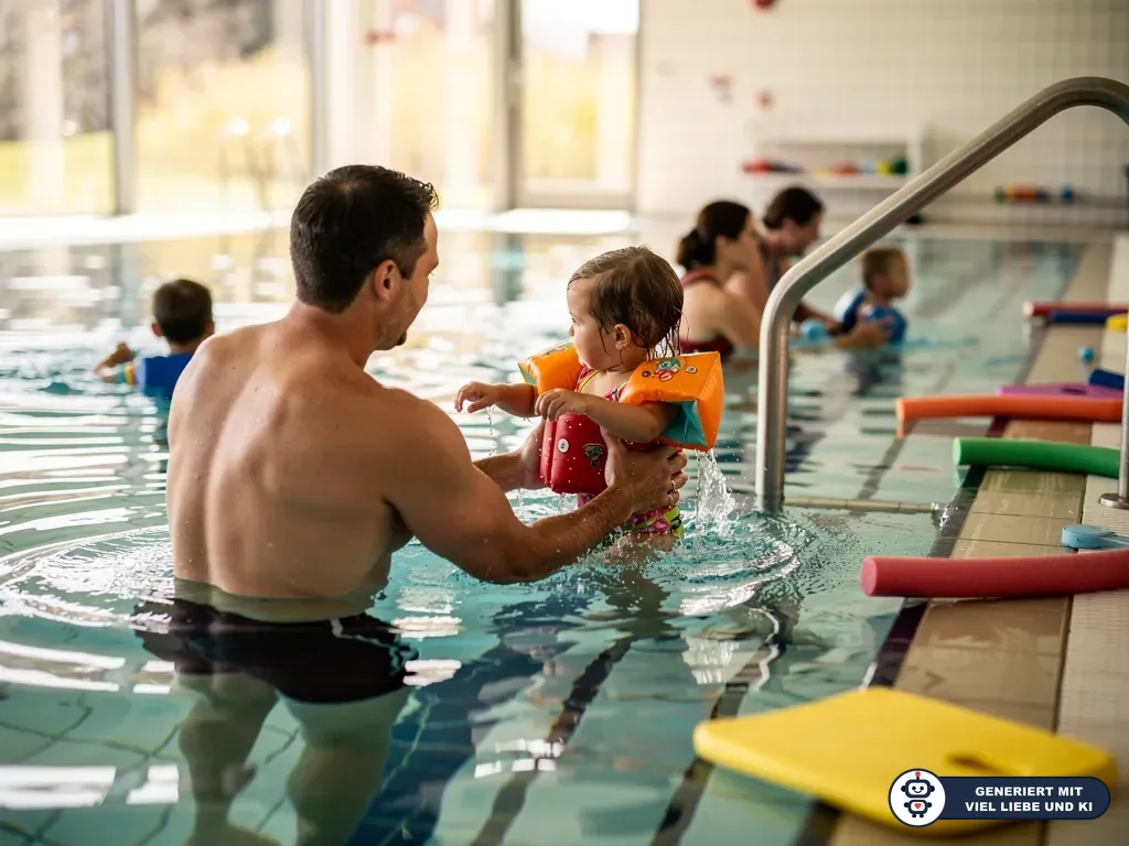 Vater hält Kleinkind mit Schwimmflügeln im Hallenbad, am Beckenrand liegen Poolnudeln und Schwimmbretter. (mit KI erstellt)