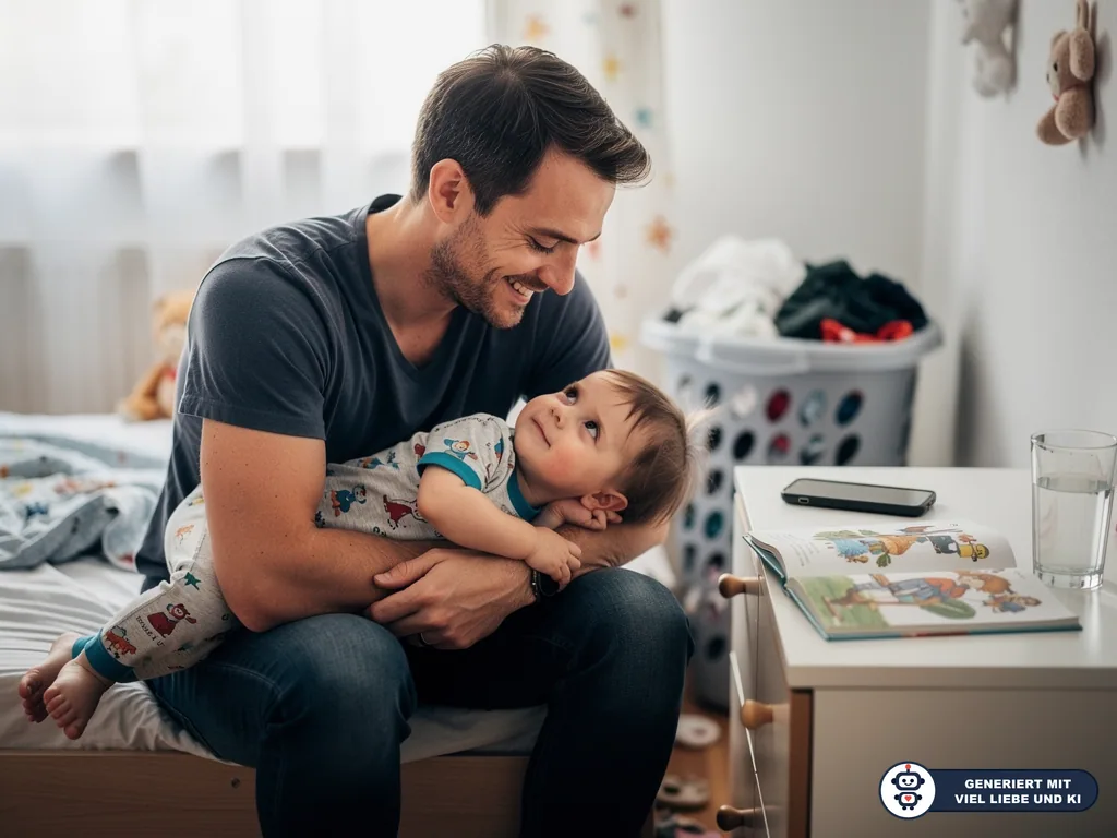 Vater hält lächelndes Kleinkind im Kinderzimmer; daneben liegen Bilderbuch und Wasserglas auf der Kommode. (mit KI erstellt)