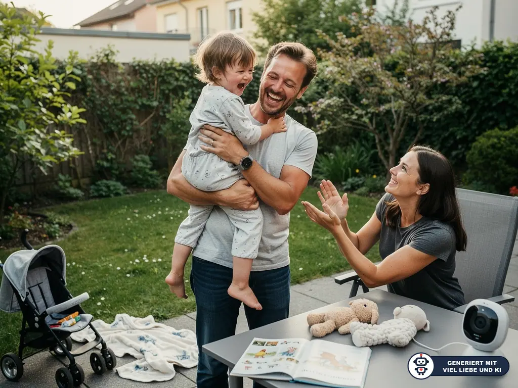 Vater hält lachendes Kleinkind im Garten, Mutter sitzt daneben und klatscht; Kinderwagen und Babyphone stehen bereit. (mit KI erstellt)