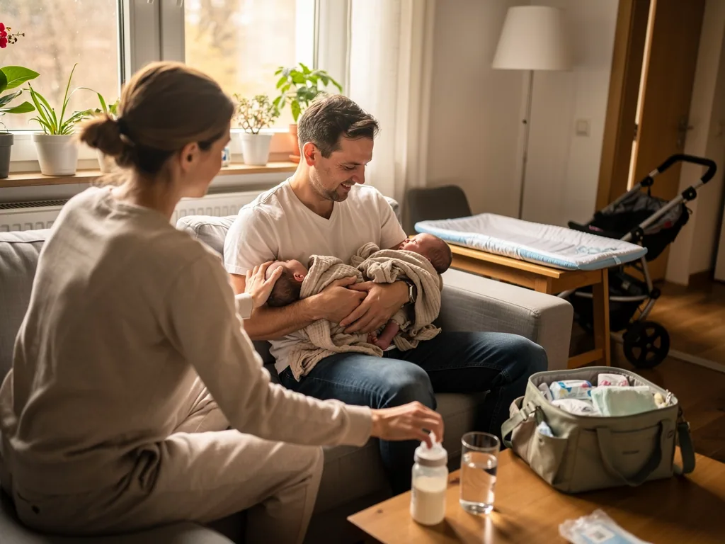 Vater hält neugeborene Zwillinge auf dem Sofa, Mutter sitzt daneben mit Babyflasche im Wohnzimmer.