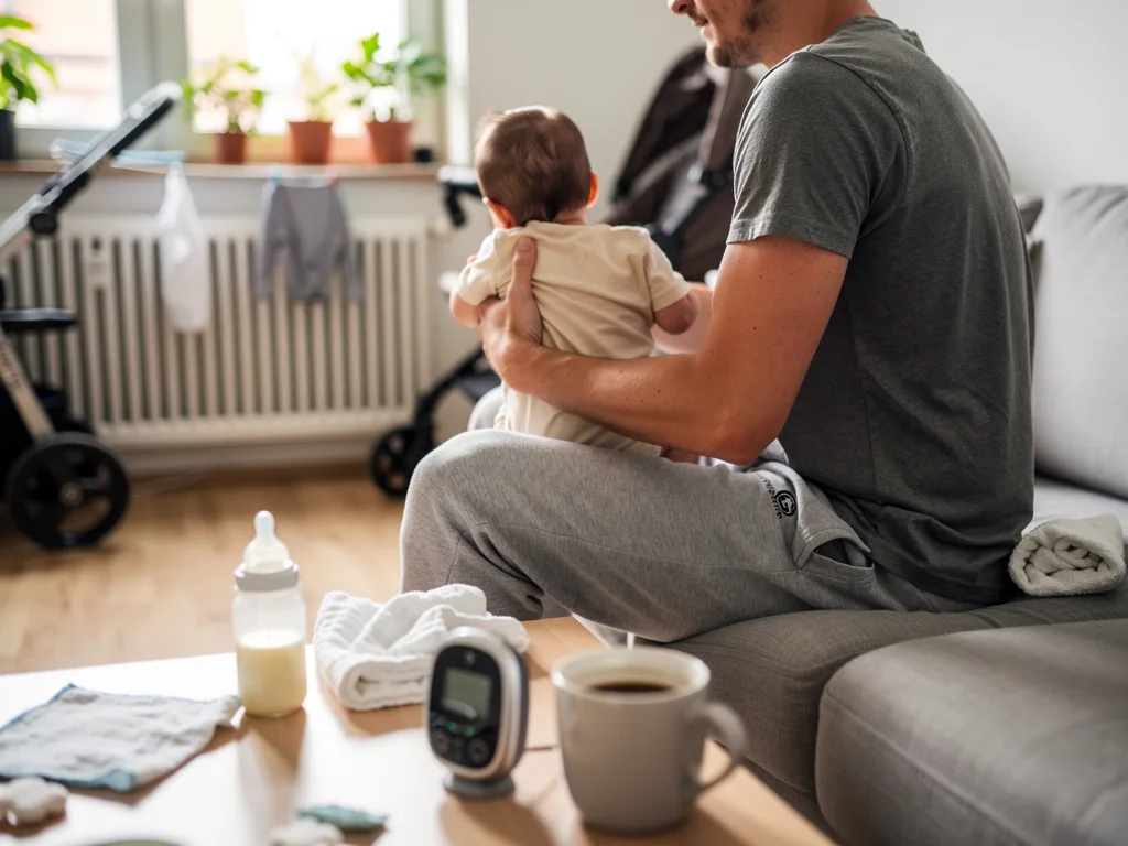 Vater hält Neugeborenes aufrecht auf dem Sofa; auf dem Tisch liegen Tücher, daneben stehen Fläschchen und Messgerät.