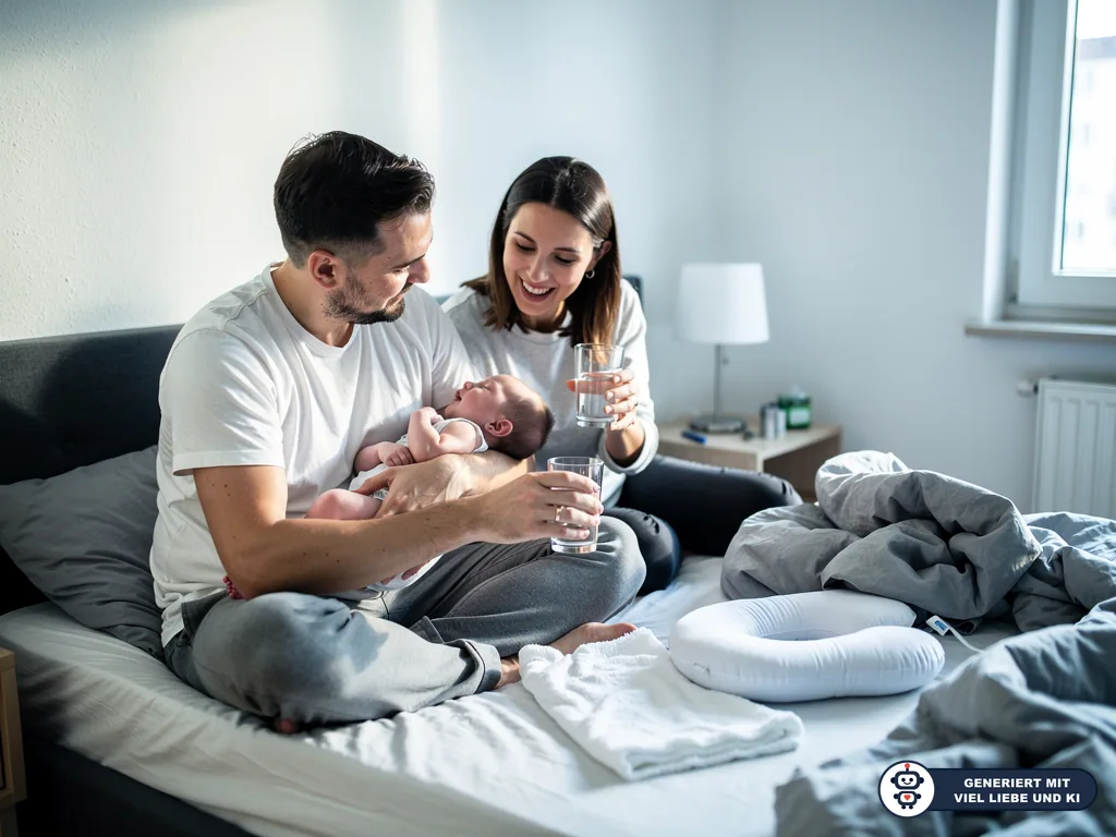 Vater hält Neugeborenes im Bett, während die Mutter daneben ein Glas Wasser trinkt. (mit KI erstellt)
