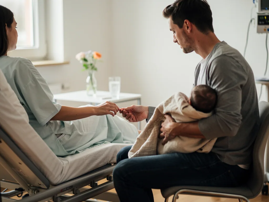 Vater hält Neugeborenes im Kreißsaal und reicht der Mutter im Klinikbett die Hand.