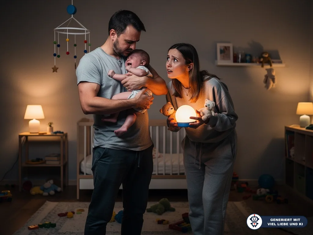 Vater hält schreiendes Baby, Mutter steht mit Nachtlicht und Kuscheltieren besorgt im Kinderzimmer. (mit KI erstellt)