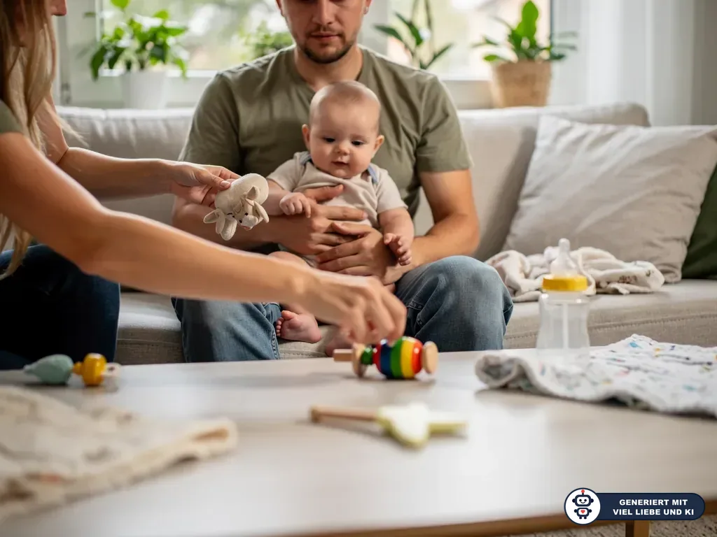 Vater hält sechs Monate altes Baby auf dem Sofa, Mutter reicht Spielzeug; Fläschchen und Babytücher liegen auf dem Tisch. (mit KI erstellt)