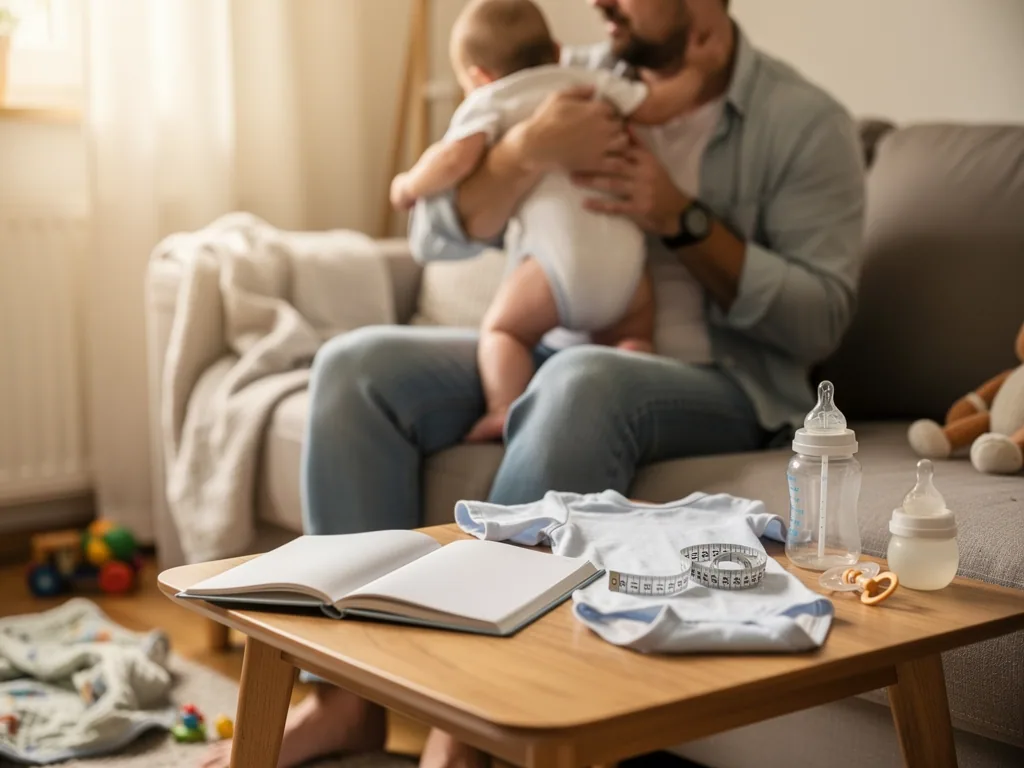 Vater hält sein Baby auf dem Sofa; auf dem Tisch liegen Flaschen, Body, Schnuller, Maßband und ein offenes Buch.