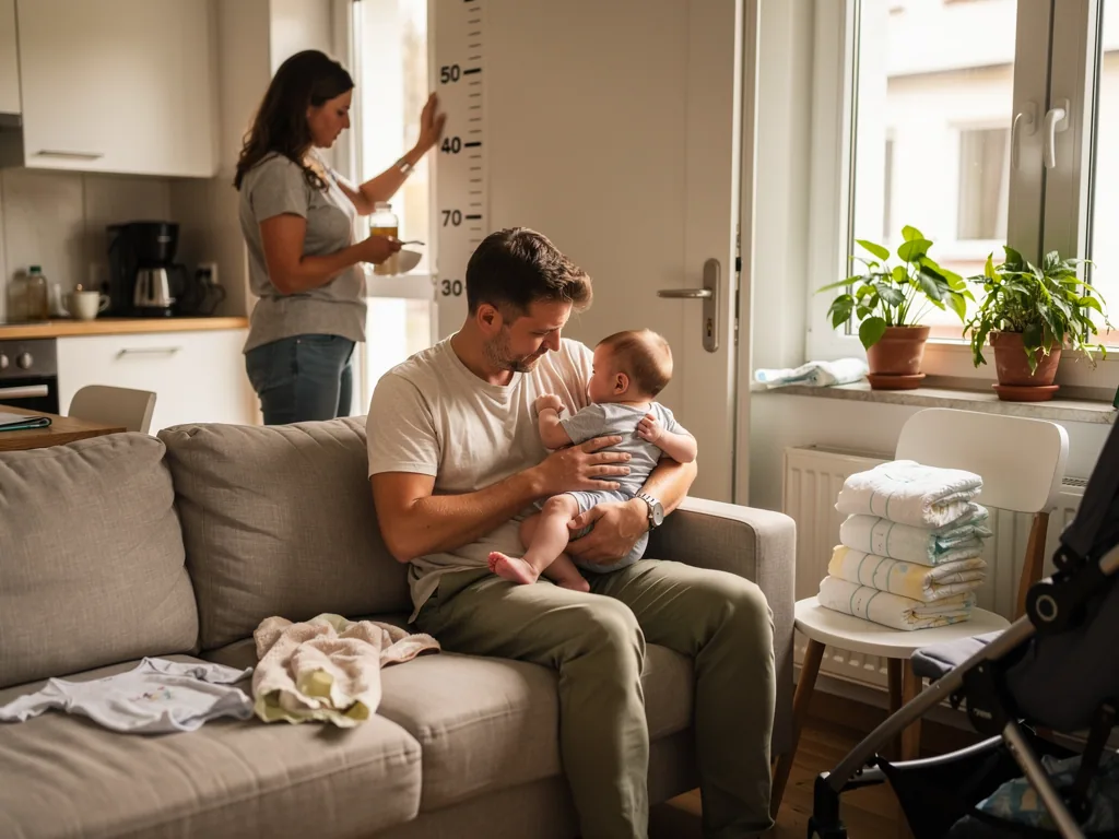 Vater hält sein Baby auf dem Sofa, daneben Windeln; im Hintergrund steht eine Mutter an einer Messleiste.