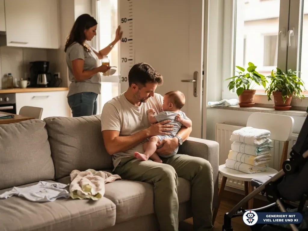 Vater hält sein Baby auf dem Sofa, daneben Windeln; im Hintergrund steht eine Mutter an einer Messleiste. (mit KI erstellt)