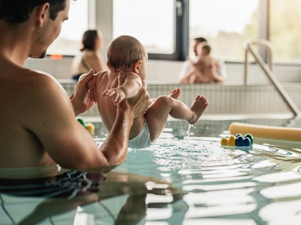 Vater hält sein Baby im Schwimmbecken; im Hintergrund üben weitere Eltern mit Babys im Kurs.