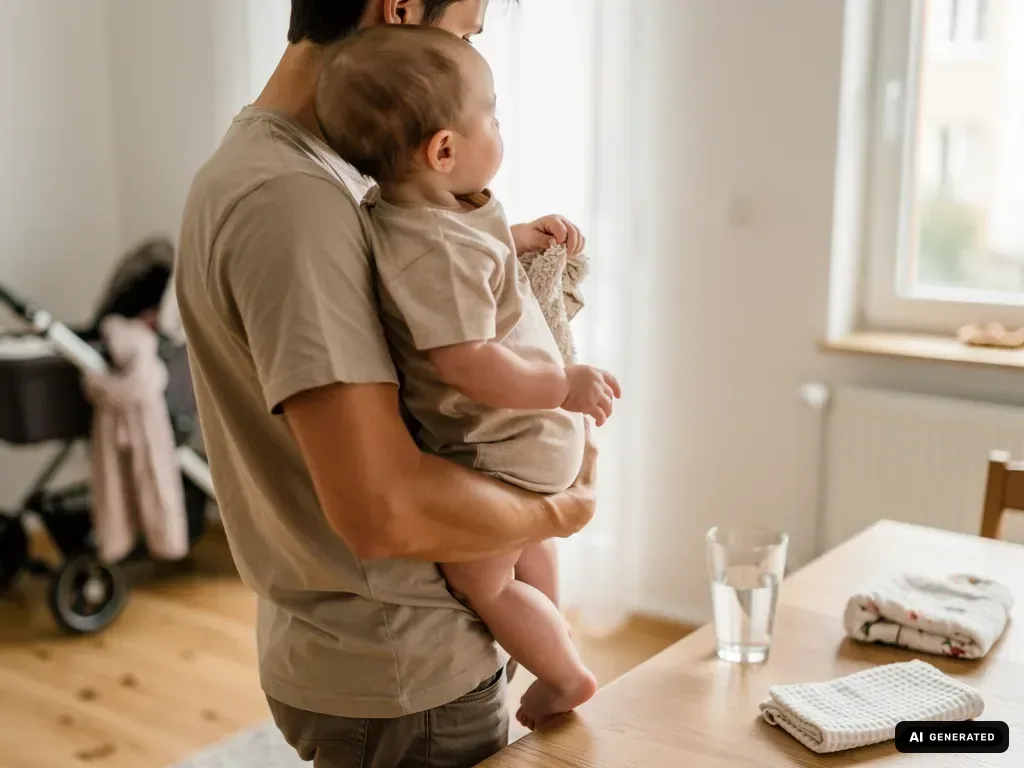 Vater hält sein einmonatiges Baby im Arm in einem hellen Zimmer neben Tisch, Tüchern und Kinderwagen. (mit KI erstellt)