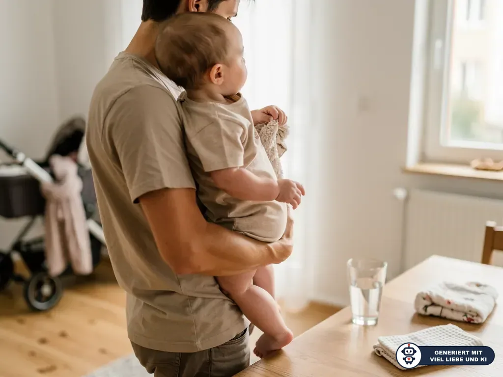 Vater hält sein einmonatiges Baby im Arm in einem hellen Zimmer neben Tisch, Tüchern und Kinderwagen. (mit KI erstellt)