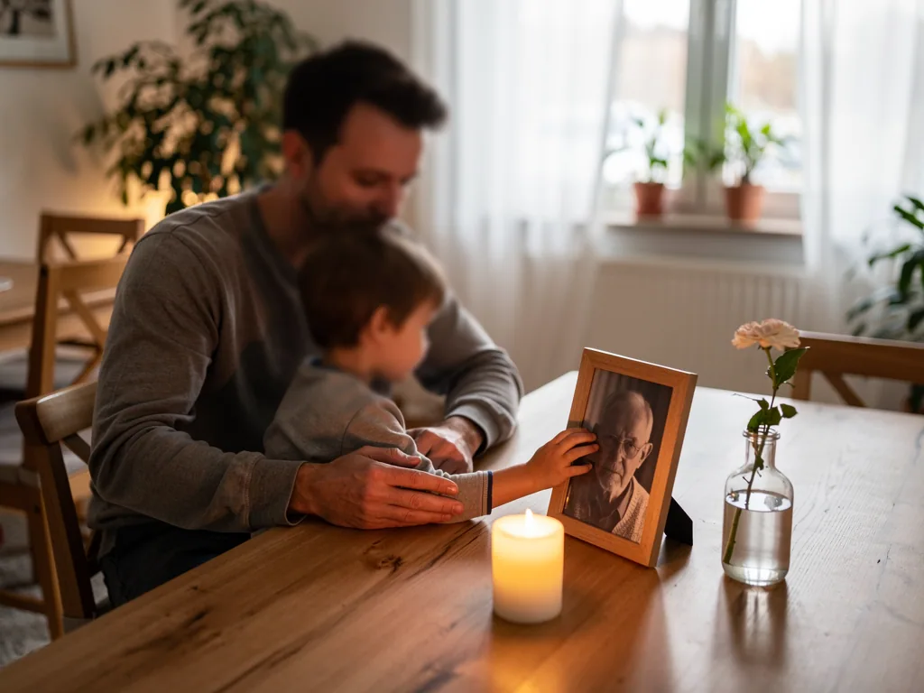 Vater hält sein Kind am Tisch, das ein gerahmtes Foto neben Kerze und Blume berührt.