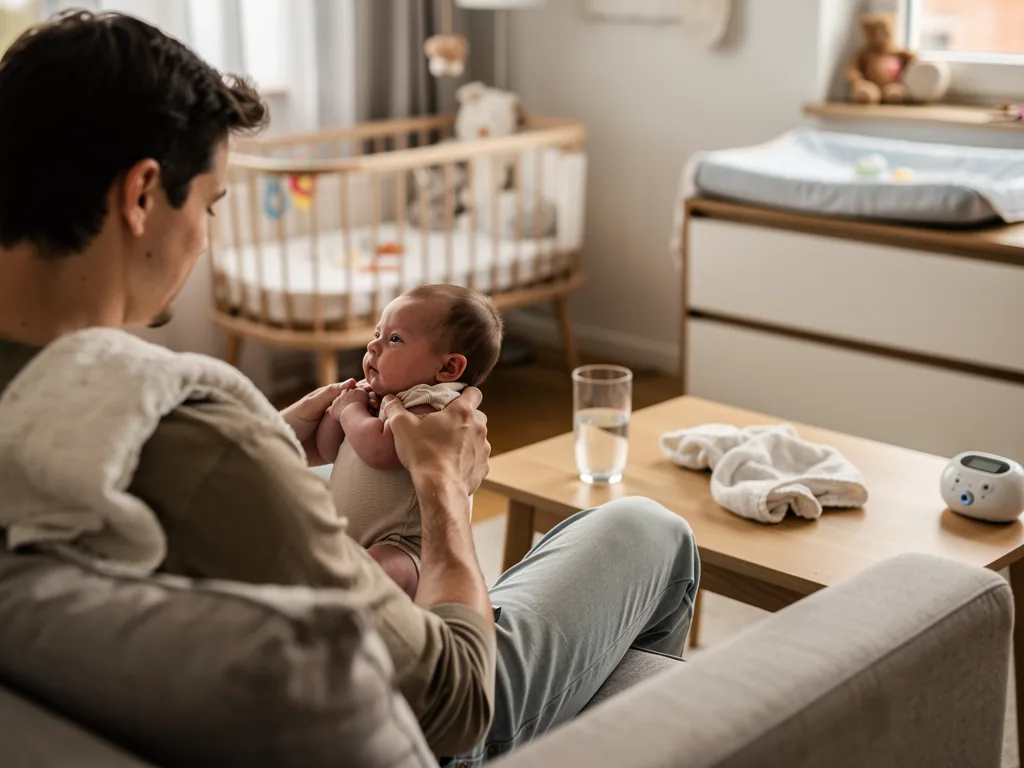 Vater hält sein Neugeborenes im Arm; im Babyzimmer stehen Beistelltisch, Wasser, Babyphone, Bett und Wickelkommode.