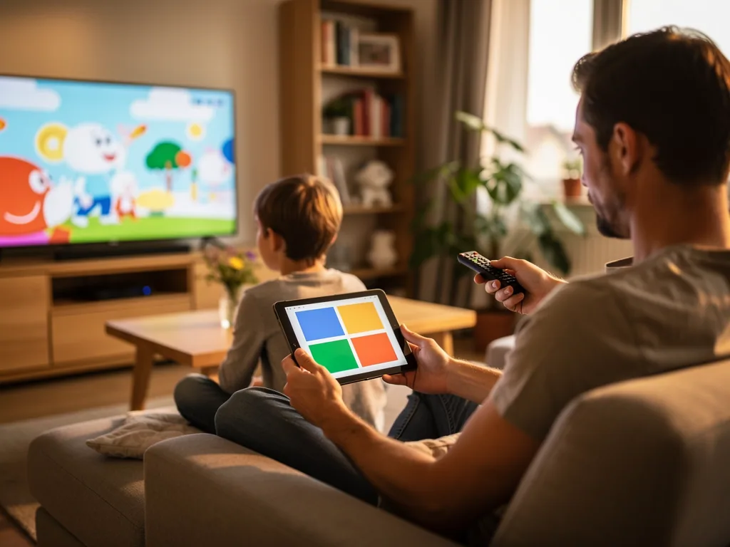 Vater hält Tablet und Fernbedienung, während ein Kind im Wohnzimmer Zeichentrick im Fernsehen schaut.