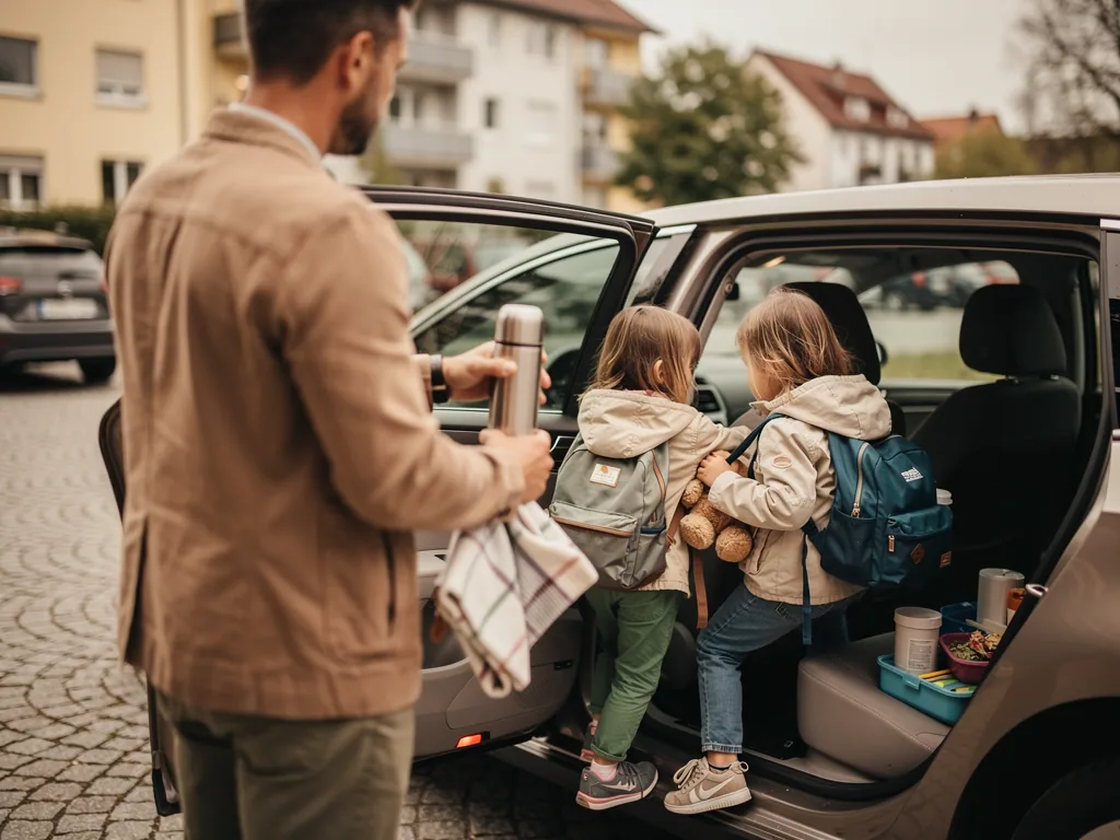 Vater hält Thermoskanne, zwei Kinder mit Rucksäcken steigen in ein Auto vor Wohnhäusern.